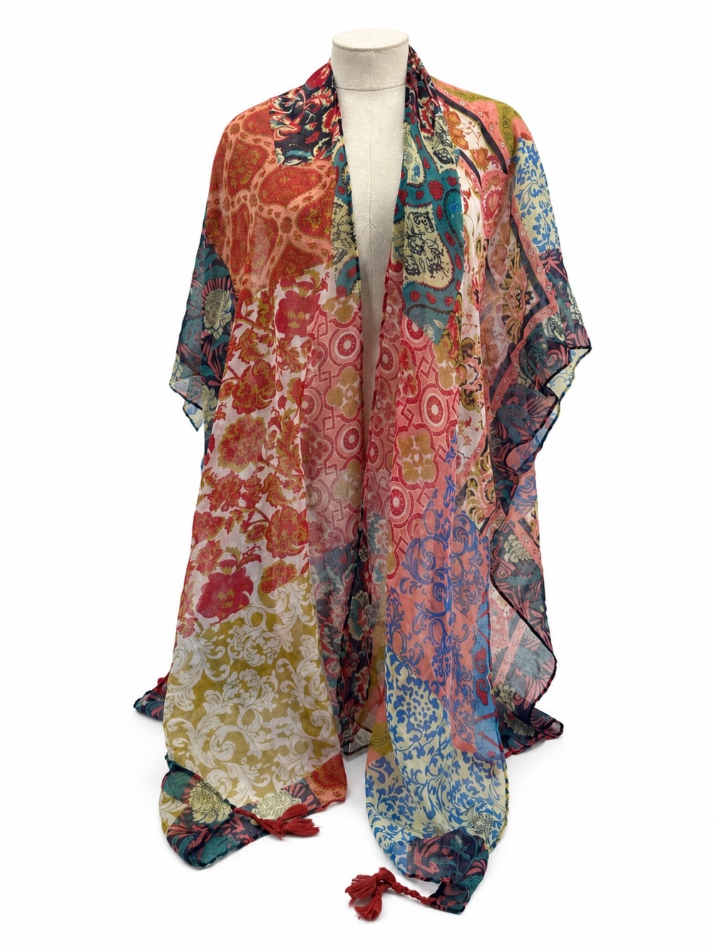 Multicolor Patchwork Print Kimono Wrap OSFM Tassel Boho Festival Sheer Duster